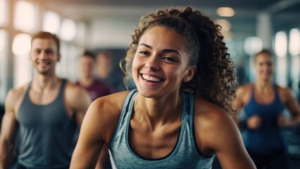 Happy woman working out at gym, fitness girl - obrazy, fototapety, plakaty