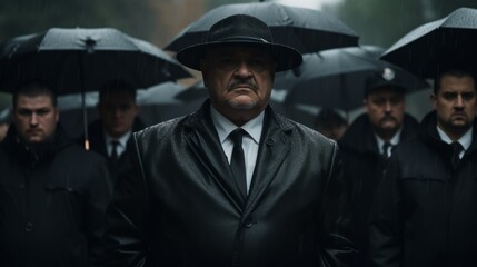 Funeral of a mafia boss. Sad faces. Mourning. People dressed in black