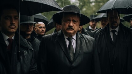 Obraz premium Funeral of a mafia boss. Sad faces. Mourning. People dressed in black