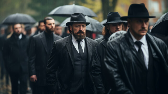 Funeral of a mafia boss. Sad faces. Mourning. People dressed in black