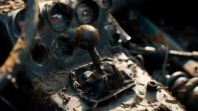 A shot of the drivers gear shift now covered in a layer of burnt rubber after the intense race.