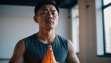 Asian Man practicing deep breathing exercises