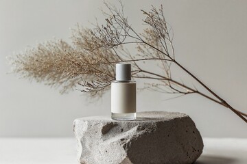 A white perfume bottle with space for text is positioned on a natural stone podium, next to an elegant dry twig. The scene emphasizes the naturalness of the product. - obrazy, fototapety, plakaty