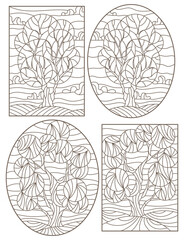 Set contour illustrations of stained glass with the images of the trees, dark outlines on a white background