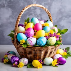 the Easter landscape, bunnies with colorful eggs