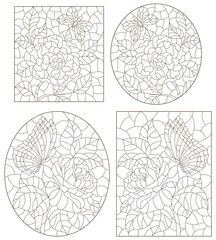 Set of contour illustrations in stained glass style with abstract flowers, dark outlines on a white background