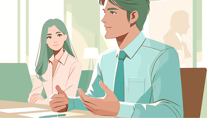 Concept vector illustration of a meeting between a businessman and a businesswoman.