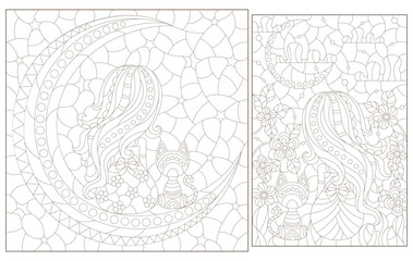 Obraz premium A set of contour illustrations in the style of stained glass with a girl, a cat and the moon, dark contours on a white background