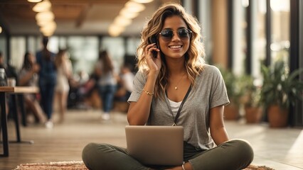 Excited female student sitting on floor with laptop