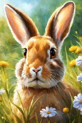 Obraz na płótnie Canvas A cute small bunny staring back from the grassy landscape.
