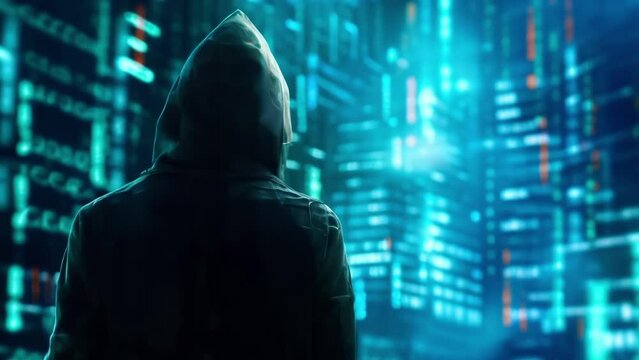 A holographic image of a hacker appears on stage highlighting the constant threat of cyber attacks to financial institutions and the importance of staying one step ahead.