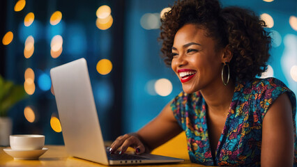 Black Woman Exuding Joy And Satisfaction As She Works On Her Laptop