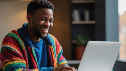 Black Man Exuding Joy And Satisfaction As She Works On Her Laptop