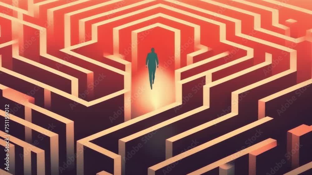 Poster a person in a maze not knowing which way to turn as each path looks the same. psychology art concept