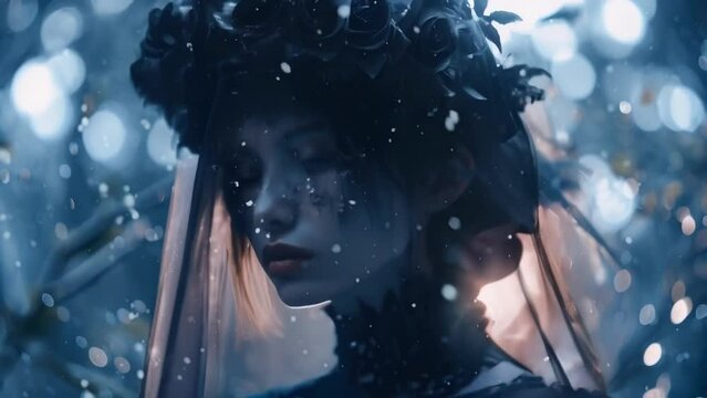 A woman with a flower crown of black roses and a veil dd over her face stands in a clearing, surrounded by the soft glow of moonlight. The silver particles floating around her add an element