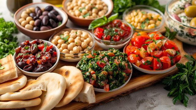 Mediterranean mezze board with pita isolated on white background. copy space. generative ai