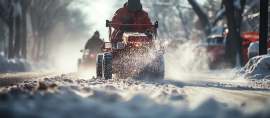 snow blowers clear city streets, with little sunlight