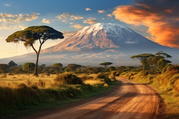 Dirt Road Leading to Mount Kilimanjaro. Generative AI
