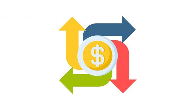 Animated cash flow with dollar sign and arrows representing financial growth, ideal for finance blogs, presentations, and investment concepts in design projects