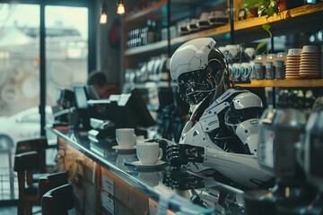 Robot working as a barista - obrazy, fototapety, plakaty