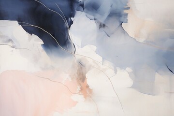 This fluid abstract acrylic painting, with its soft interplay of blues and peach against a white background, offers a dynamic canvas for creative design projects.