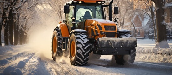 Snow removal tractor on the road and cleaning the sidewalk. Clean city roads from snow after snowstorm rain - obrazy, fototapety, plakaty