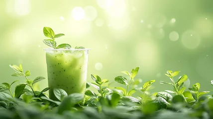 Poster A glass of green smoothie among the leaves, a healthy natural drink, a background image with a space to copy © kichigin19