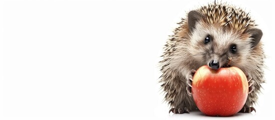 A cute hedgehog is seen holding a red apple in its mouth against a white isolated background. The...
