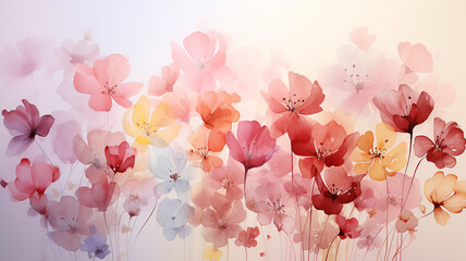 Pink spring flowers in watercolor, background greeting card