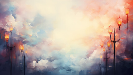 Obraz premium Sky and street lights along the road, watercolor background postcard with copy space