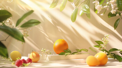 Citrus fruits and flowers are bathed in soft sunlight with clear space for a product showcase
