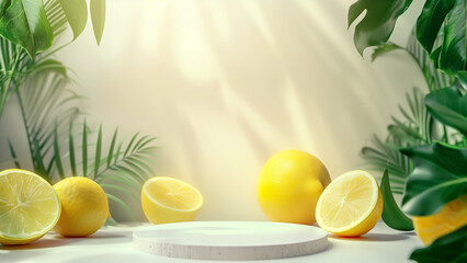 Lemons and lush leaves around a bright podium for a product showcase
