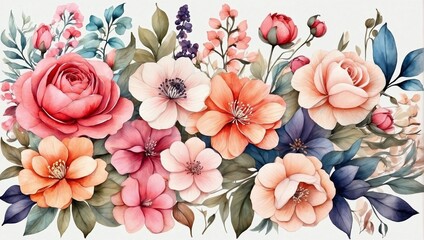 floral art background, Botanical watercolor hand drawn flowers - obrazy, fototapety, plakaty