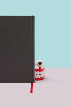 Book with peeking out red jaws toy.