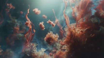 An HD capture of a surreal underwater scene with abstract sea creatures, creating a mesmerizing and minimalist background mockup.