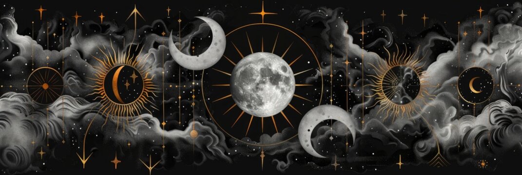 Geometric shapes infused with celestial elements like stars and moons, blending cosmic and earthly realms 
