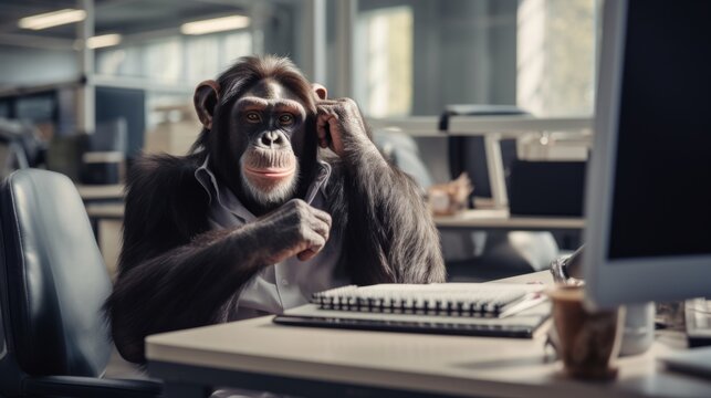 A monkey sits at a desk in the office. Chimpanzee manager at work