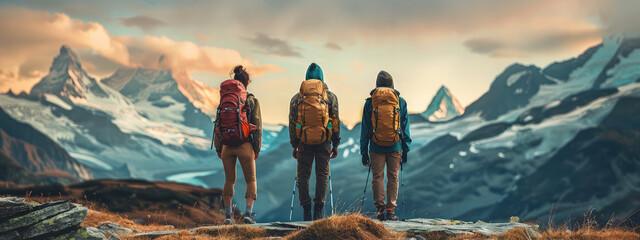 Group of hikers with backpacks in the mountain, outdoors - obrazy, fototapety, plakaty