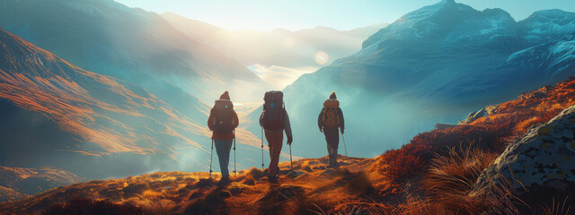 Group of hikers with backpacks in the mountain, outdoors - obrazy, fototapety, plakaty