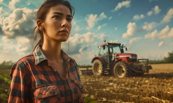 Young woman on a farm with a tractor in the field. The concept of agriculture and working the land.