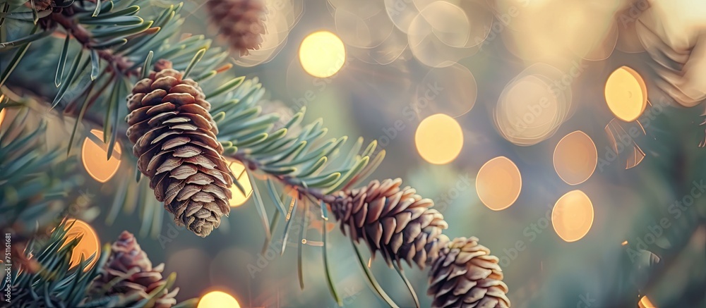 Poster a detailed view of a pine cone attached to a tree branch, showcasing its intricate textures and patt