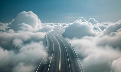 Winding road through clouds. The concept of journey and possibilities.