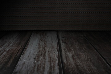 Background of wooden table and mat with space for text and object product. 