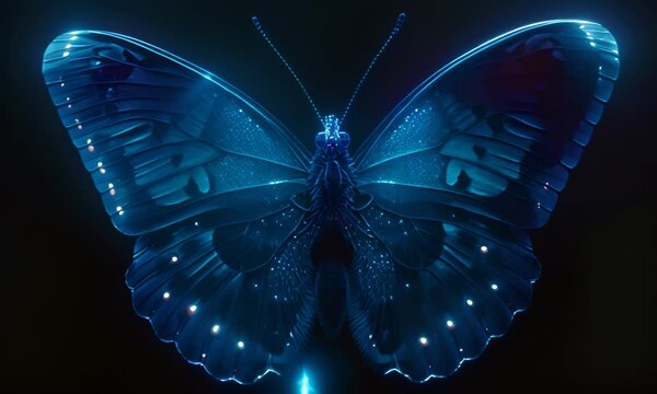 Butterfly with blue glowing wings. The concept of nature and technology.