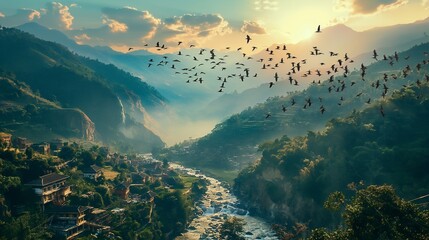 An HD snapshot capturing the dynamic synergy of streams cascading down mountains, weaving through villages, with the delightful presence of beautiful birds dancing in the sky. - obrazy, fototapety, plakaty