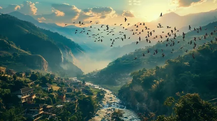 Selbstklebende Fototapeten An HD snapshot capturing the dynamic synergy of streams cascading down mountains, weaving through villages, with the delightful presence of beautiful birds dancing in the sky. © Captured Moments.Co