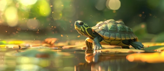 Fotobehang A realistic painting depicting an adorable little sea turtle swimming gracefully in the water. The turtles shell is beautifully detailed, and the water is portrayed with intricate patterns and colors. © 2rogan