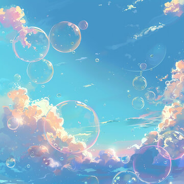 Abstract background with clouds and soap bubbles, vector illustration, 