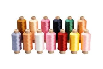 Array of Thread Spools. Numerous colorful spools of thread arranged closely next to each other, creating a vibrant and organized display of sewing supplies. Isolated on a Transparent Background PNG.