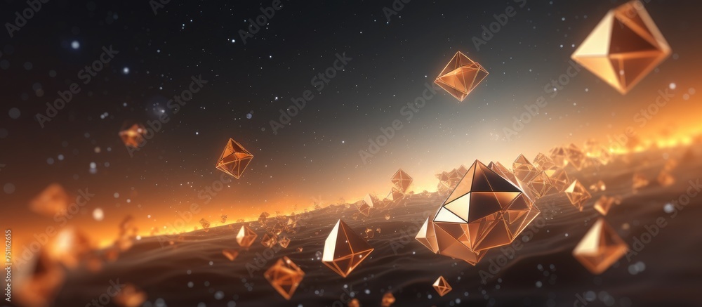 Aufkleber A group of diamond shapes is seen floating in a futuristic space setting, surrounded by chaotic low poly shapes and a bokeh effect.